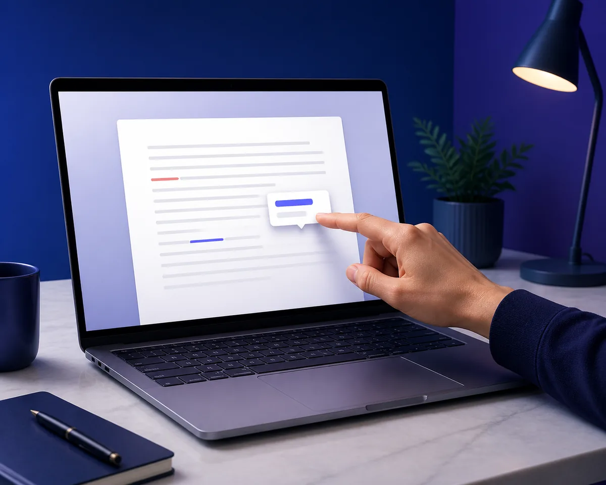 Editorial illustration of a document being reviewed for spelling suggestions on a laptop