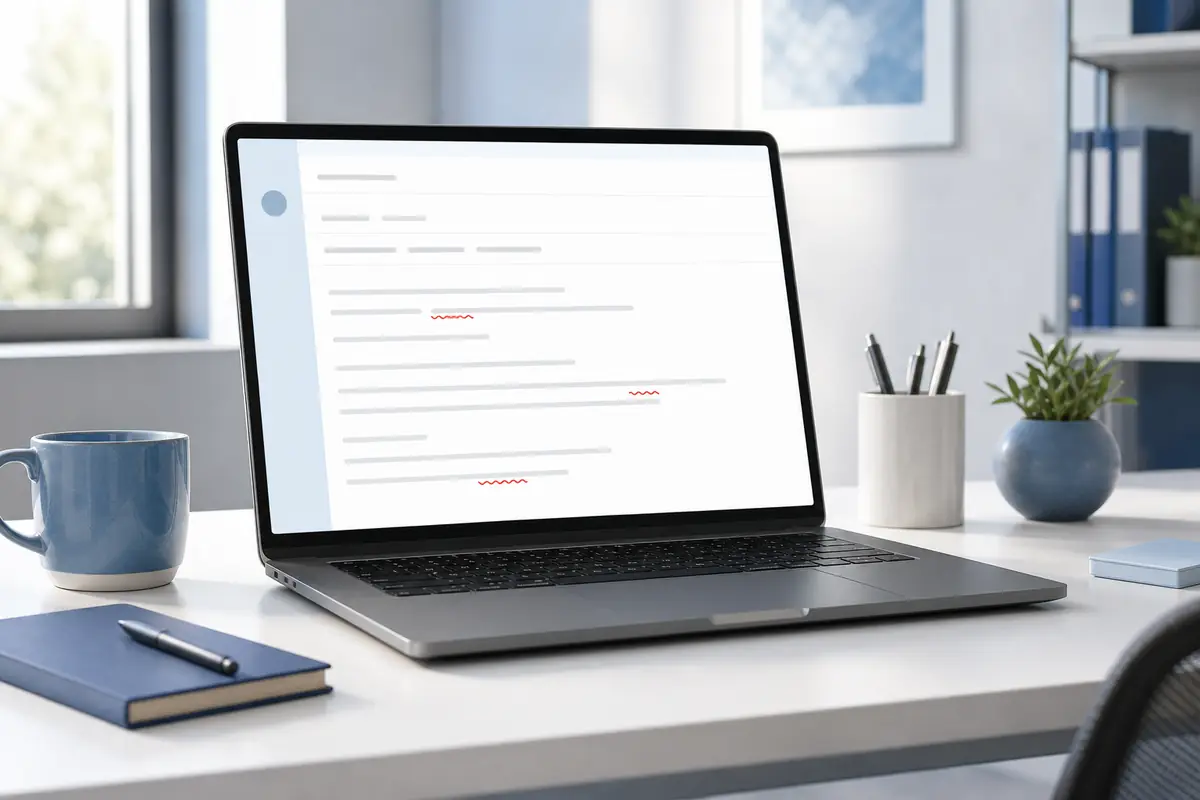 Editorial illustration of an email draft with spelling corrections on a laptop