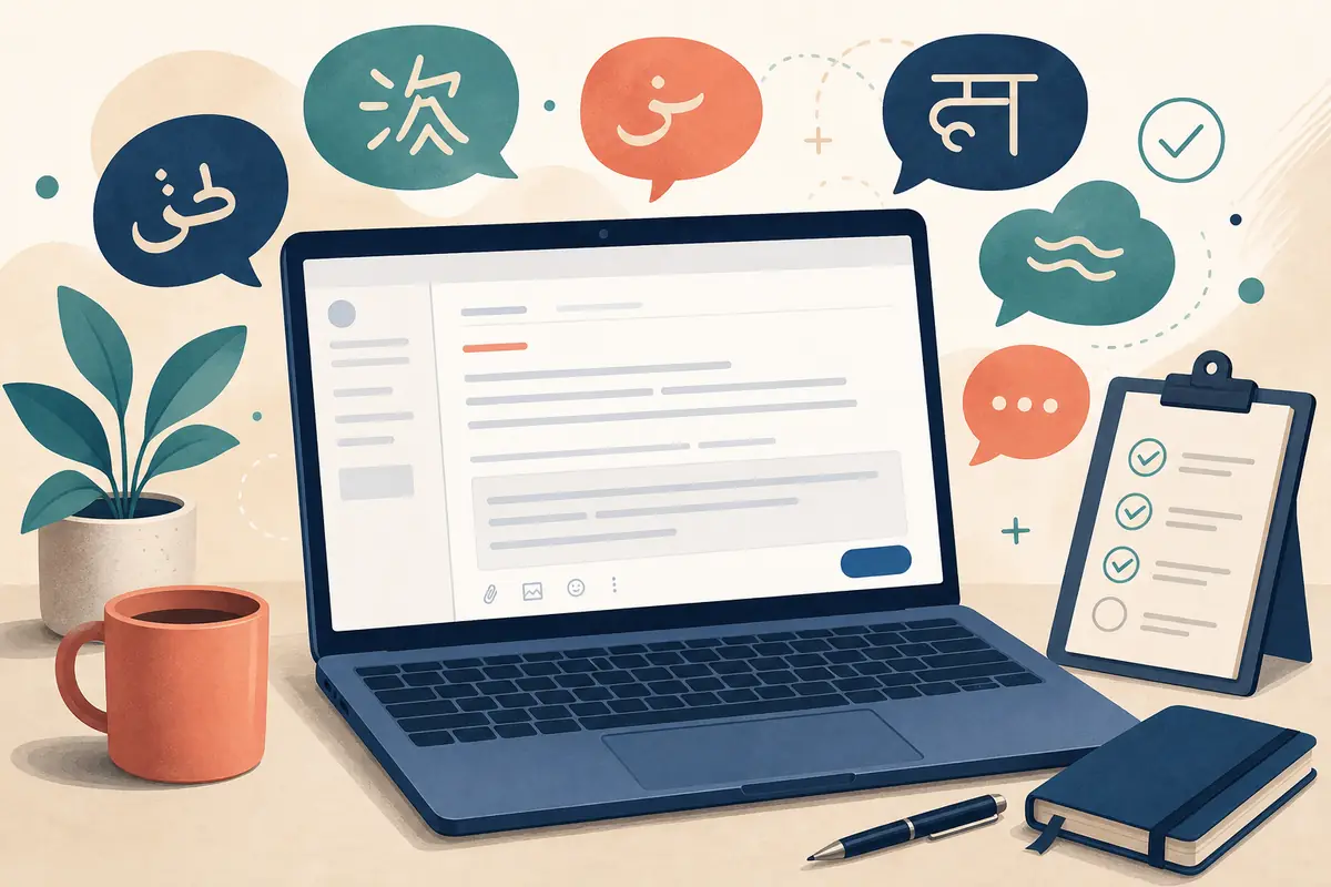 Editorial illustration of a multilingual email draft with a proofreading checklist