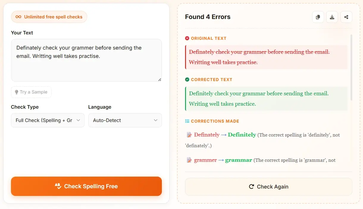 AI spell check result dashboard - found 4 spelling and grammar errors corrected