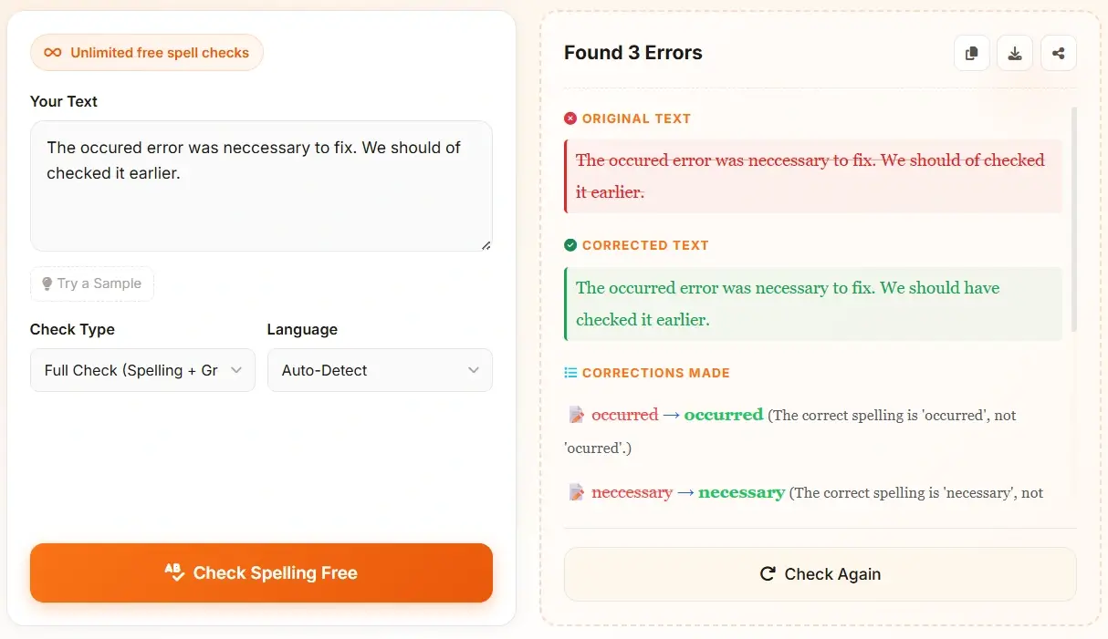 AI spell checker showing 3 errors found - grammar and spelling corrections