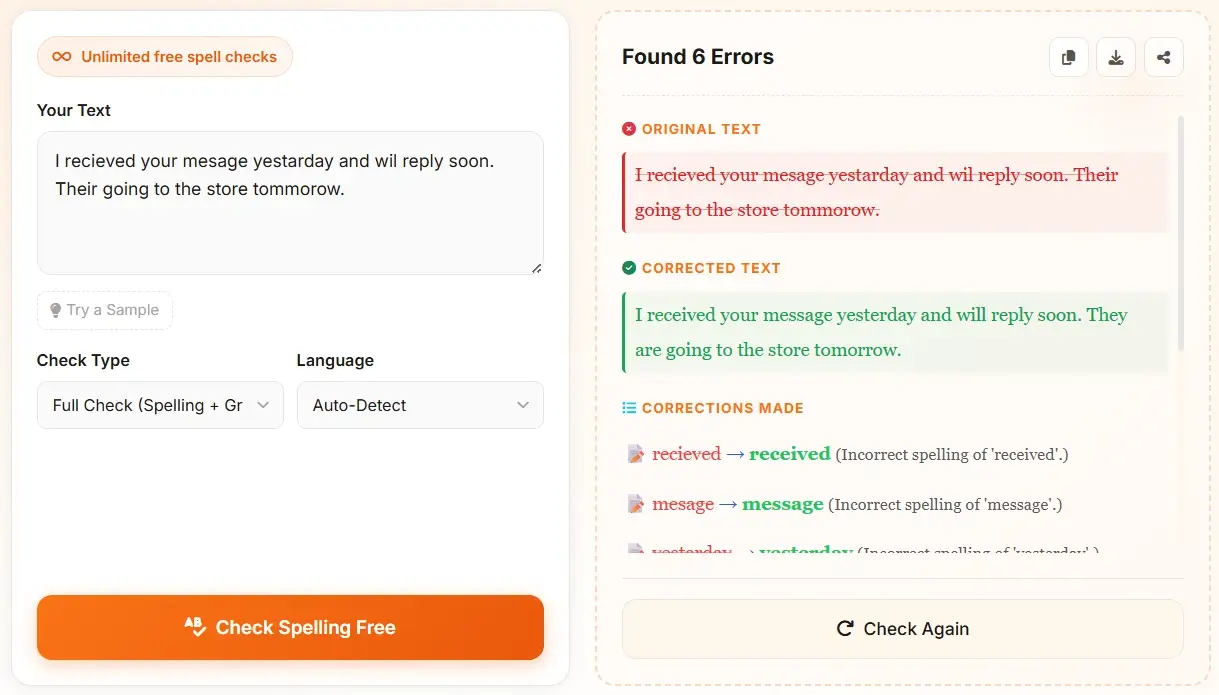Free online spell check results - 8 errors detected and fixed automatically