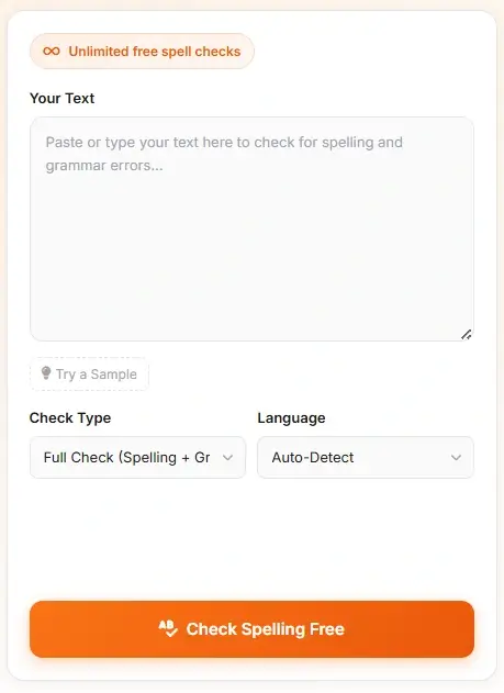 AI spell checker input screen - paste your text and select check type and language