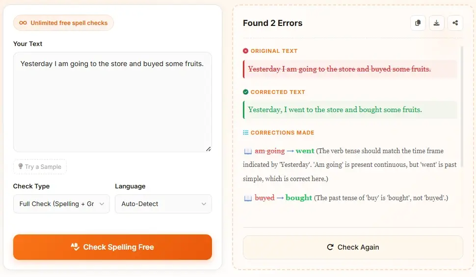 AI spell check result details - showing found errors with corrections and explanations