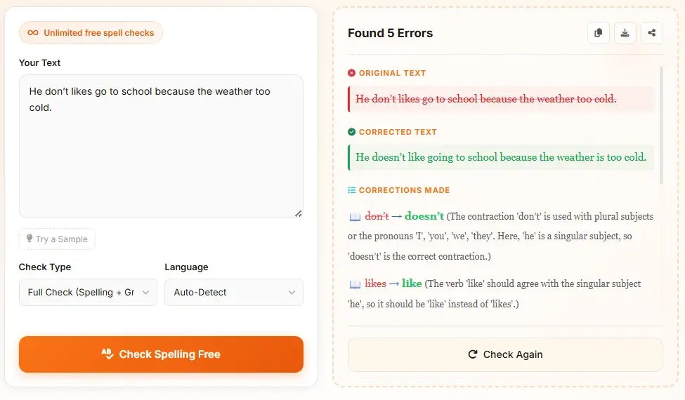AI spell check result summary - total errors found with spelling grammar and punctuation breakdown